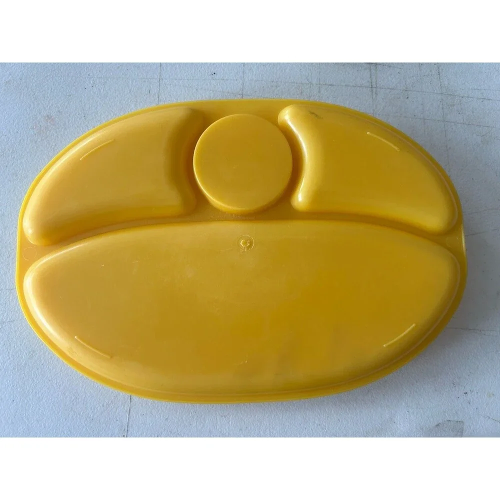 Vintage 1970s Yellow Plastic Divided Snack Trays Cup Holder Plates Set of 4